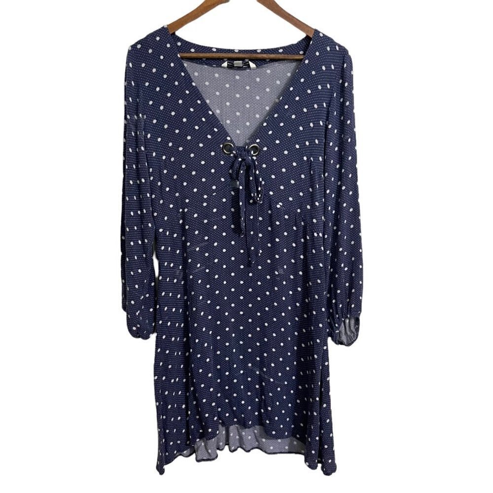 American Eagle Womens Blue Polka Dot Tie Front Balloon Sleeve Boho Dress Medium